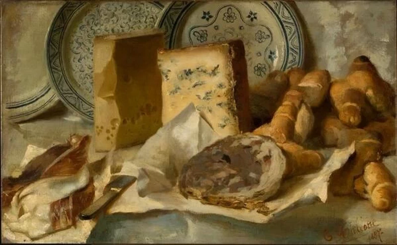 Natura morta con formaggi e salami